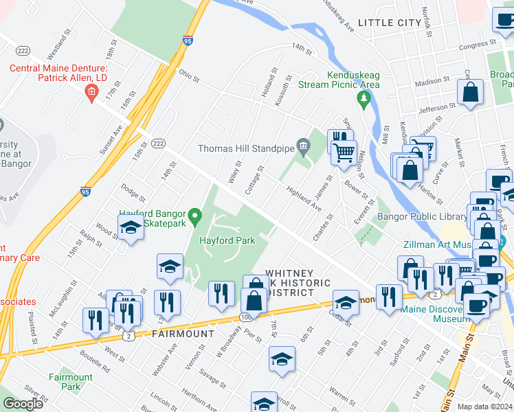 map of restaurants, bars, coffee shops, grocery stores, and more near 444 Union Street in Bangor