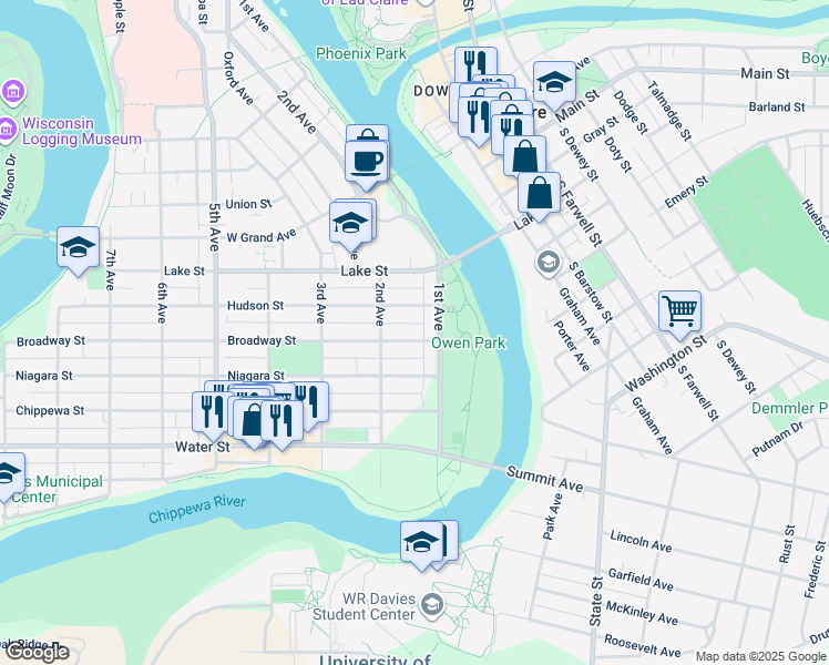 map of restaurants, bars, coffee shops, grocery stores, and more near 424 1st Avenue in Eau Claire