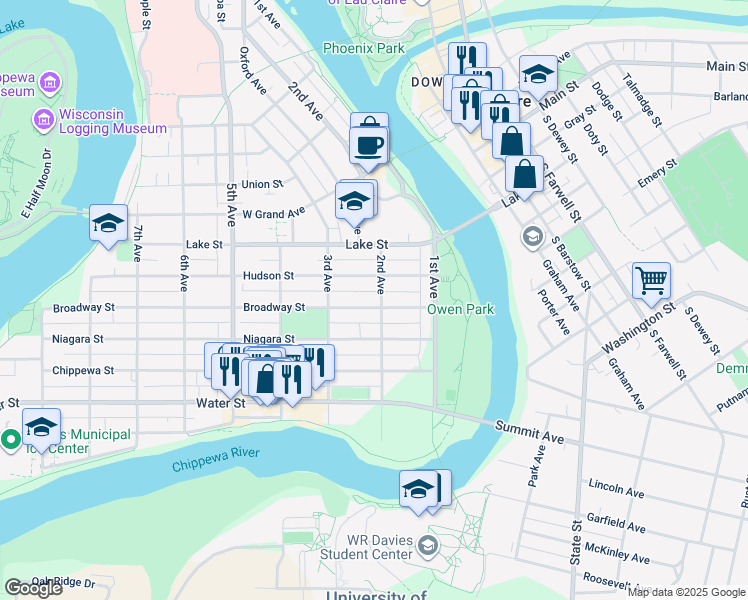map of restaurants, bars, coffee shops, grocery stores, and more near 140 Broadway Street in Eau Claire
