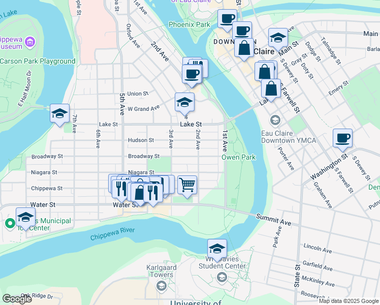 map of restaurants, bars, coffee shops, grocery stores, and more near 223 Broadway Street in Eau Claire