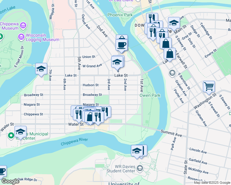 map of restaurants, bars, coffee shops, grocery stores, and more near 223 Broadway Street in Eau Claire