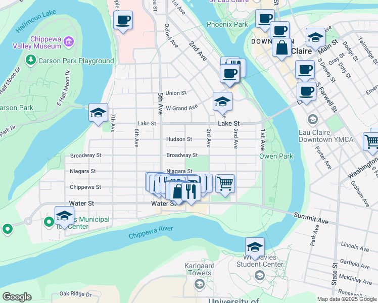 map of restaurants, bars, coffee shops, grocery stores, and more near 503 4th Avenue in Eau Claire