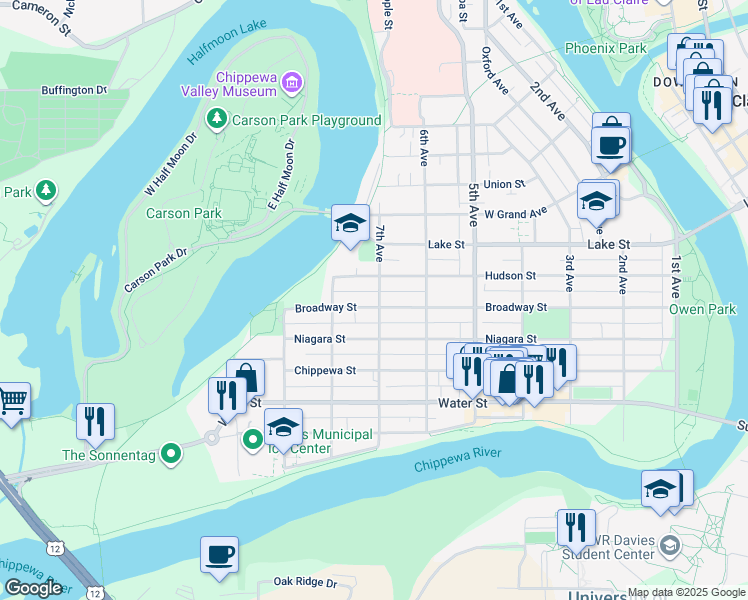 map of restaurants, bars, coffee shops, grocery stores, and more near 631 Broadway Street in Eau Claire