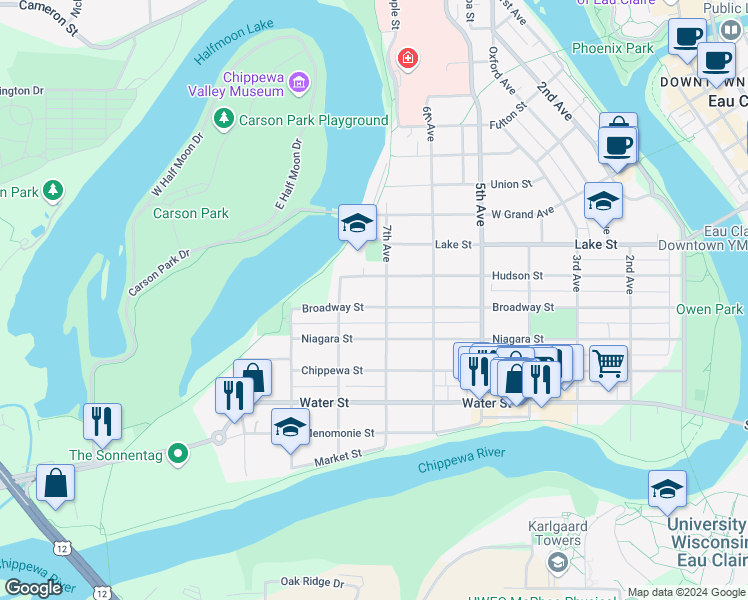 map of restaurants, bars, coffee shops, grocery stores, and more near 720 Broadway Street in Eau Claire