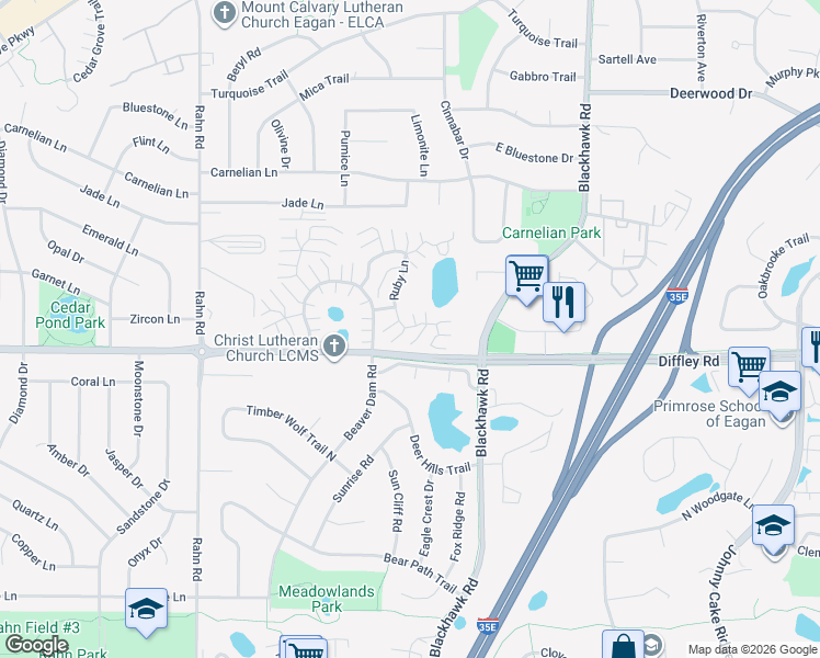 map of restaurants, bars, coffee shops, grocery stores, and more near 1890 Sapphire Point in Eagan