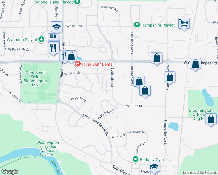 map of restaurants, bars, coffee shops, grocery stores, and more near 10926 Bush Lake Road in Minneapolis