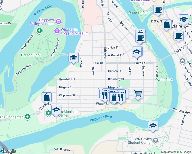 map of restaurants, bars, coffee shops, grocery stores, and more near 532 Broadway Street in Eau Claire