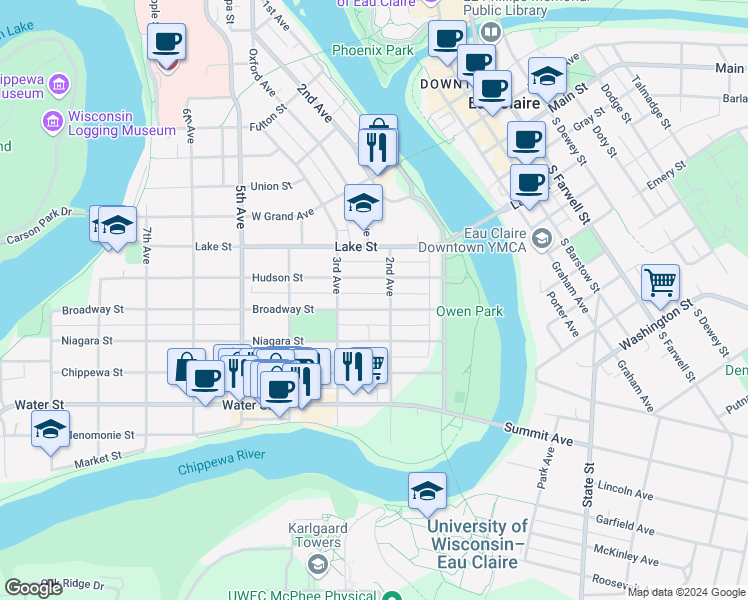 map of restaurants, bars, coffee shops, grocery stores, and more near 216 Broadway Street in Eau Claire