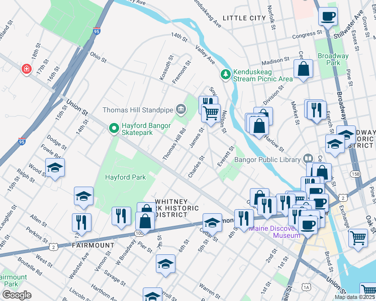 map of restaurants, bars, coffee shops, grocery stores, and more near 51 Highland Avenue in Bangor