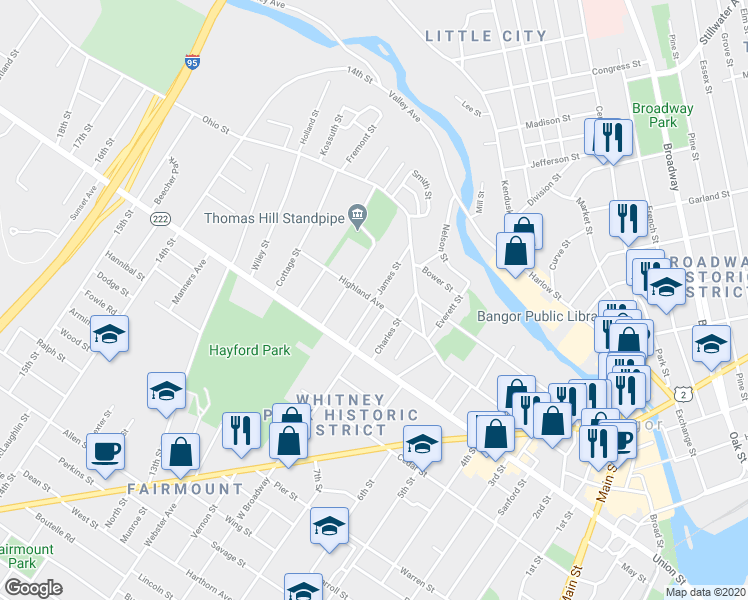 map of restaurants, bars, coffee shops, grocery stores, and more near 51 Highland St in Bangor