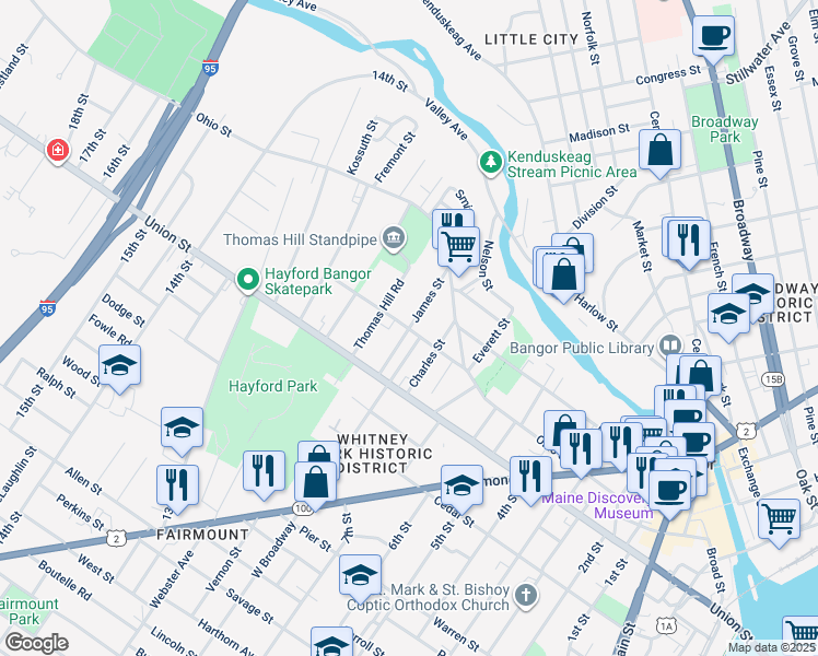 map of restaurants, bars, coffee shops, grocery stores, and more near 51 Highland Avenue in Bangor