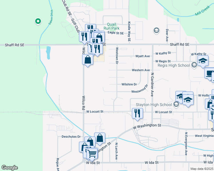 map of restaurants, bars, coffee shops, grocery stores, and more near 1531-1533 Westhaven Place in Stayton