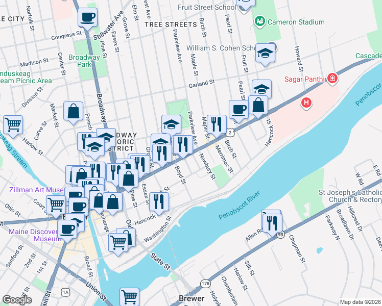 map of restaurants, bars, coffee shops, grocery stores, and more near 9 State Street Avenue in Bangor