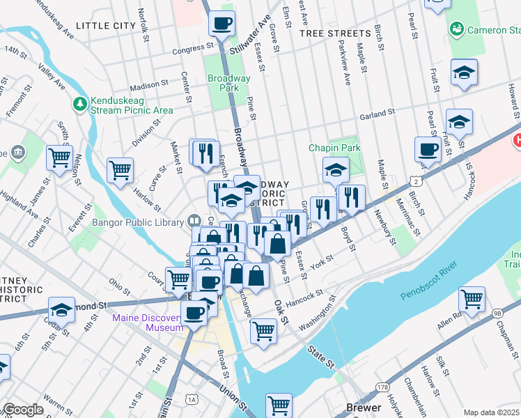 map of restaurants, bars, coffee shops, grocery stores, and more near 79 Broadway in Bangor
