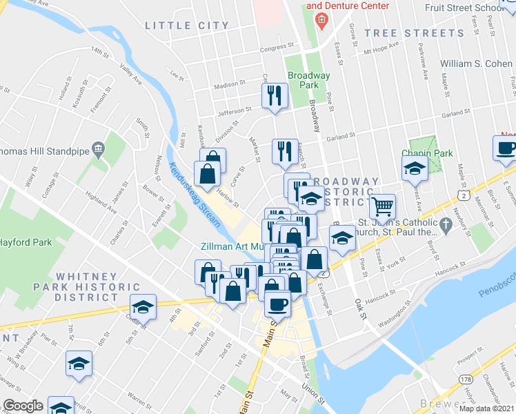 map of restaurants, bars, coffee shops, grocery stores, and more near 202 Harlow Street in Bangor