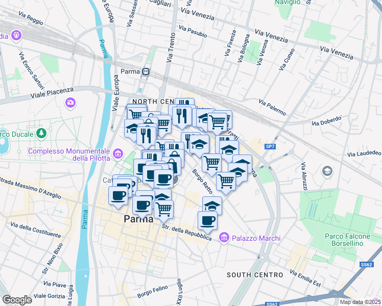 map of restaurants, bars, coffee shops, grocery stores, and more near 4-12 Borgo Retto in Parma