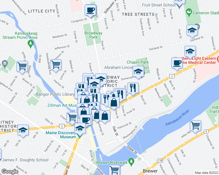 map of restaurants, bars, coffee shops, grocery stores, and more near 79 Broadway in Bangor