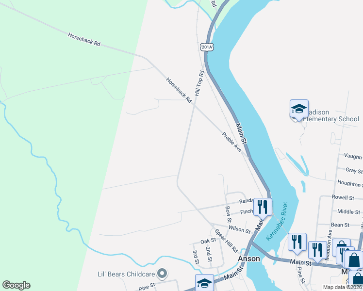 map of restaurants, bars, coffee shops, grocery stores, and more near 58 Hill Top Road in Anson