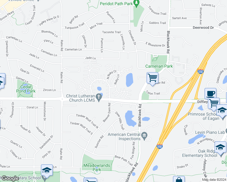 map of restaurants, bars, coffee shops, grocery stores, and more near 1956 South Ruby Court in Eagan