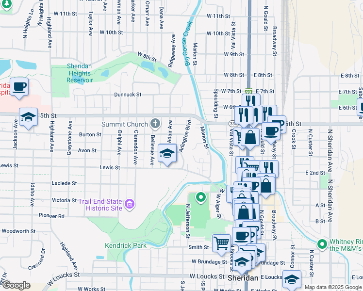 map of restaurants, bars, coffee shops, grocery stores, and more near 400-498 Avon St in Sheridan