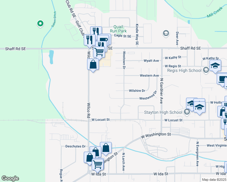 map of restaurants, bars, coffee shops, grocery stores, and more near 1531-1533 Westhaven Place in Stayton