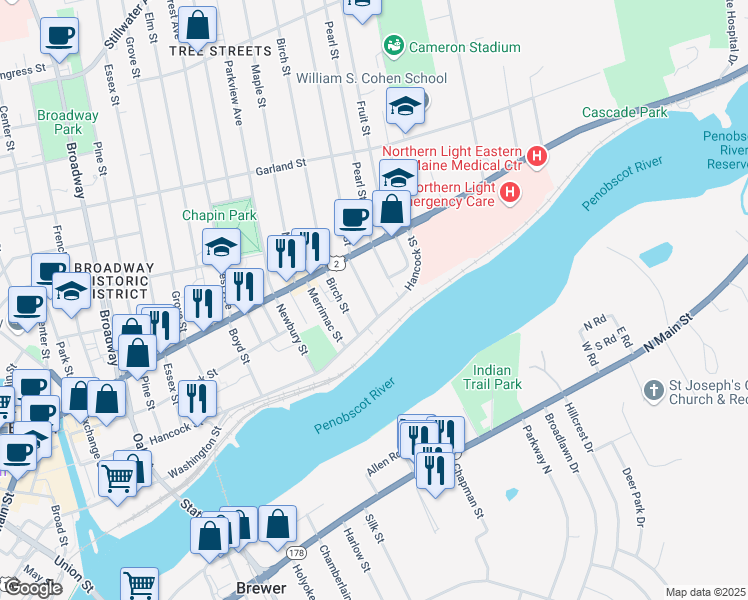 map of restaurants, bars, coffee shops, grocery stores, and more near 49 East Summer Street in Bangor