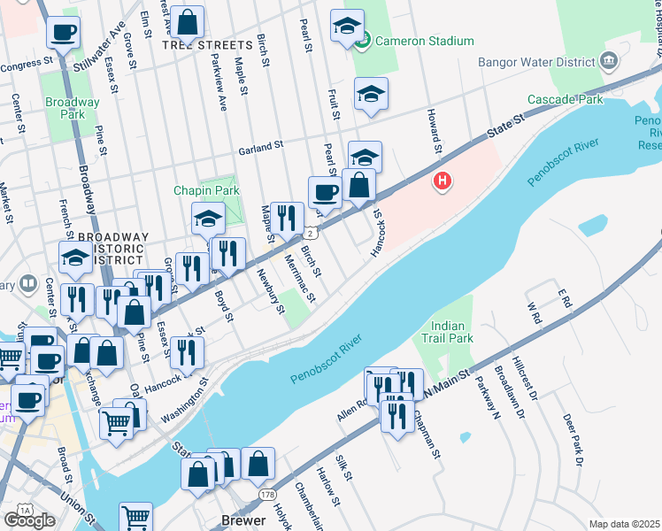 map of restaurants, bars, coffee shops, grocery stores, and more near 49 East Summer Street in Bangor