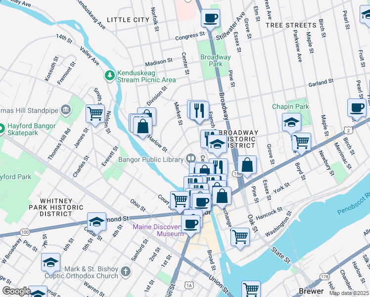 map of restaurants, bars, coffee shops, grocery stores, and more near 185 Harlow Street in Bangor