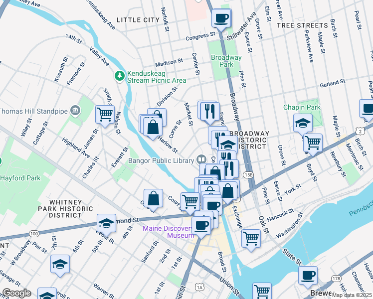 map of restaurants, bars, coffee shops, grocery stores, and more near 202 Harlow Street in Bangor