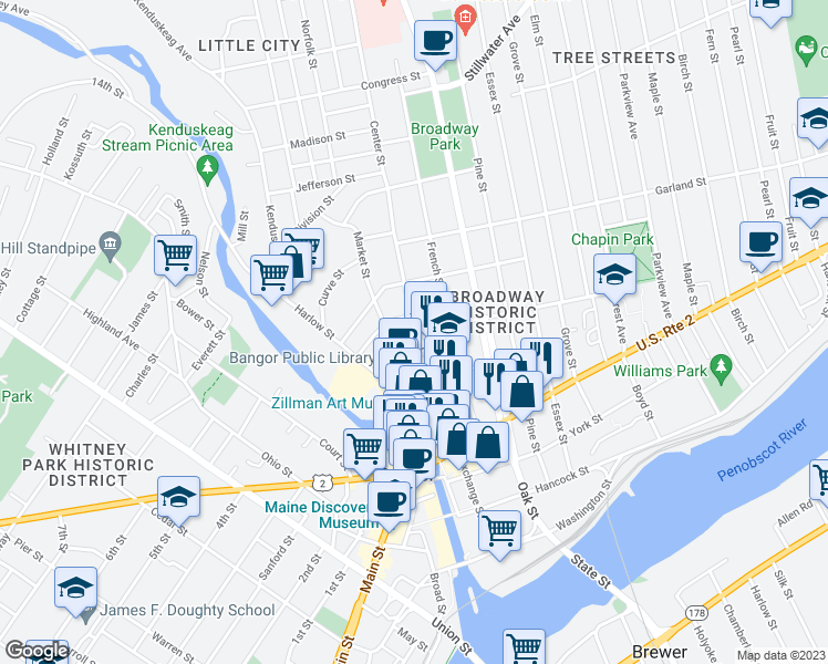 map of restaurants, bars, coffee shops, grocery stores, and more near 1 Center Street in Bangor