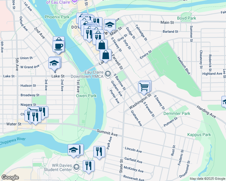 map of restaurants, bars, coffee shops, grocery stores, and more near 907 Porter Avenue in Eau Claire