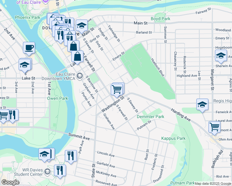 map of restaurants, bars, coffee shops, grocery stores, and more near 1105 South Barstow Street in Eau Claire