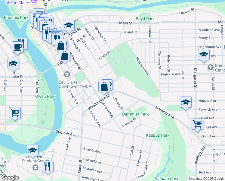 map of restaurants, bars, coffee shops, grocery stores, and more near 510 Washington Street in Eau Claire