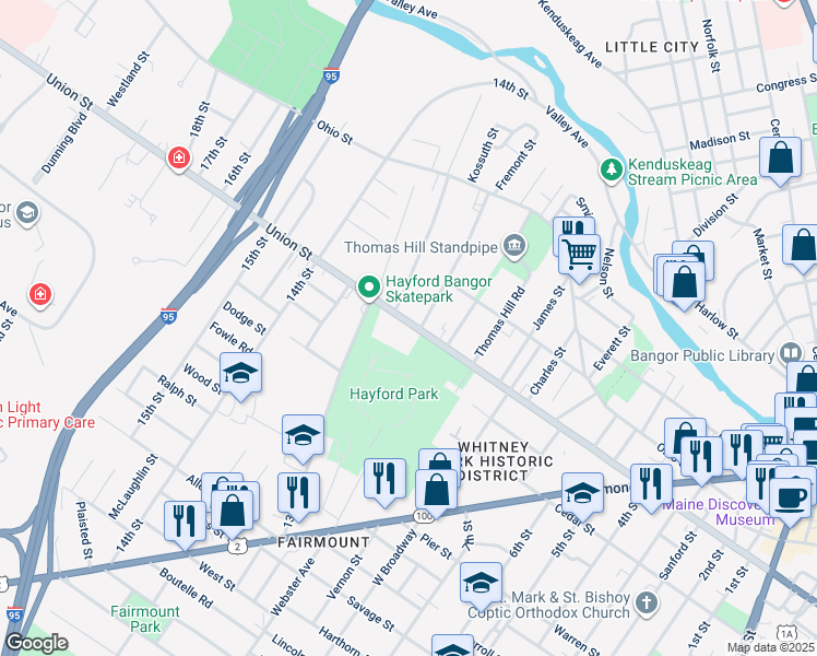 map of restaurants, bars, coffee shops, grocery stores, and more near 175 13th Street in Bangor