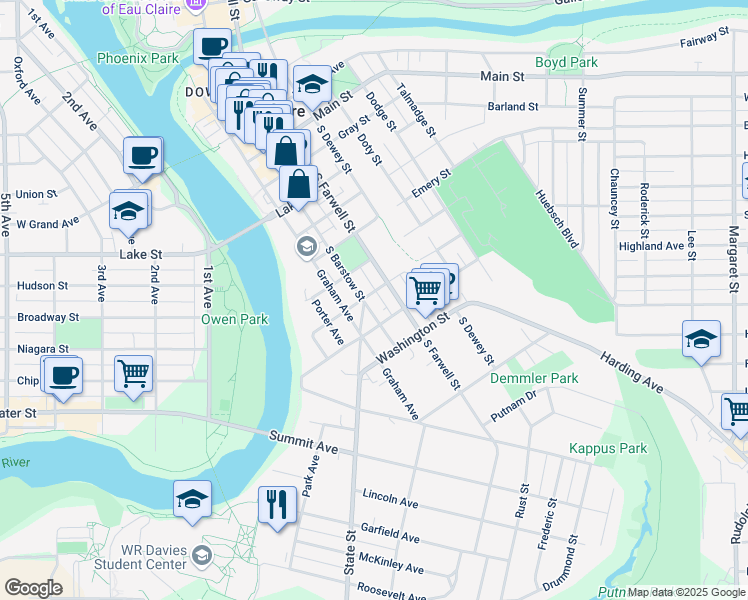 map of restaurants, bars, coffee shops, grocery stores, and more near 1011 State Street in Eau Claire