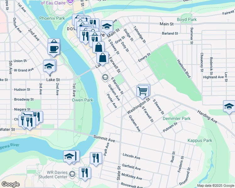 map of restaurants, bars, coffee shops, grocery stores, and more near 149 Newton Street in Eau Claire