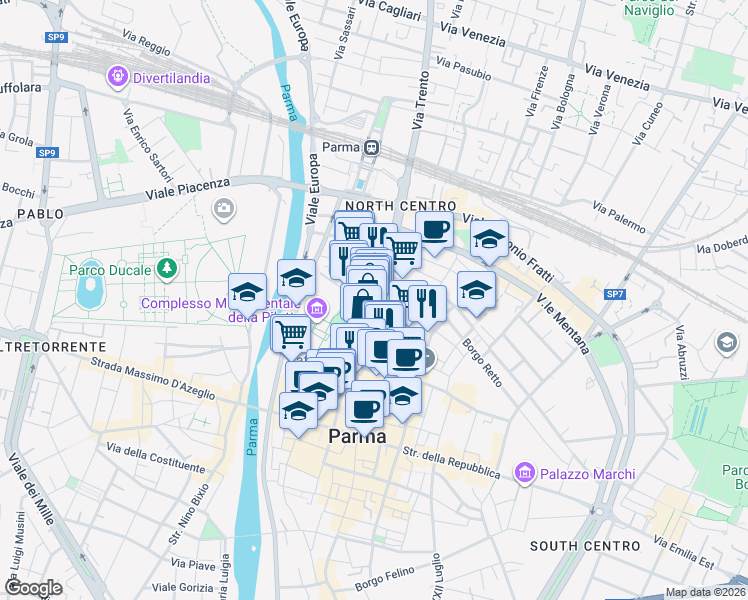 map of restaurants, bars, coffee shops, grocery stores, and more near 17-29 Strada Giuseppe Garibaldi in Parma