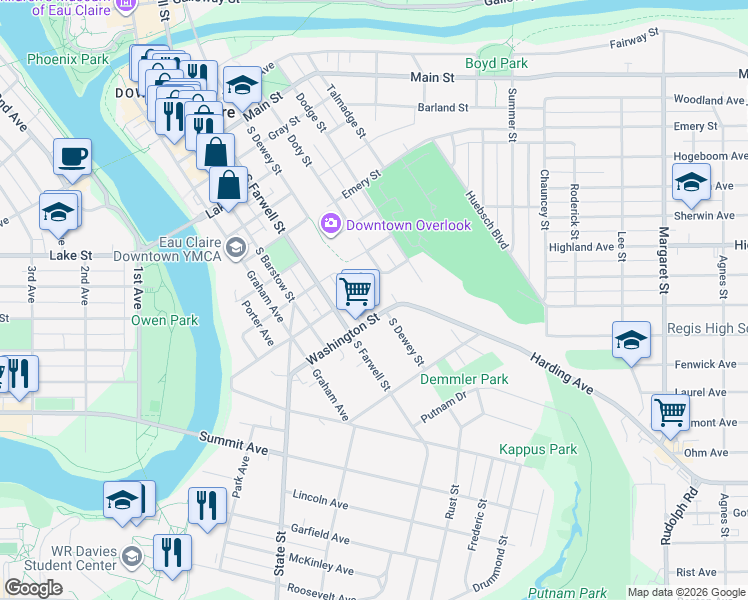 map of restaurants, bars, coffee shops, grocery stores, and more near 425 Washington Street in Eau Claire