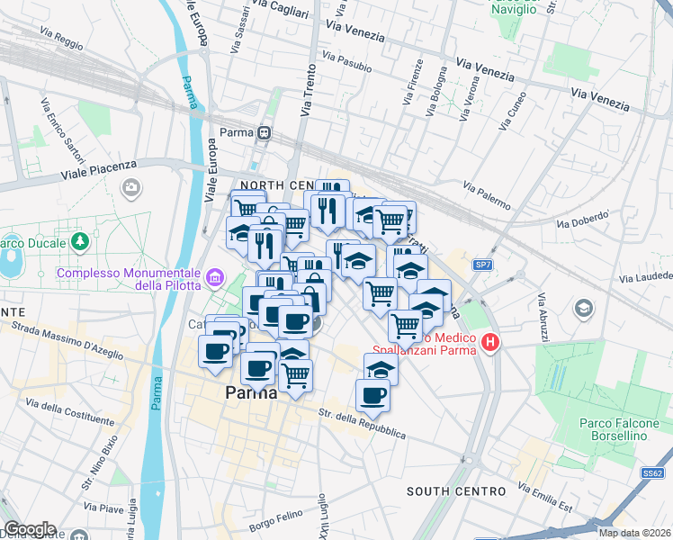 map of restaurants, bars, coffee shops, grocery stores, and more near 4-12 Borgo Retto in Parma