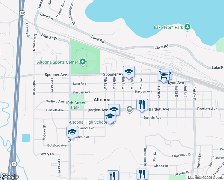 map of restaurants, bars, coffee shops, grocery stores, and more near 416 6th Street West in Altoona