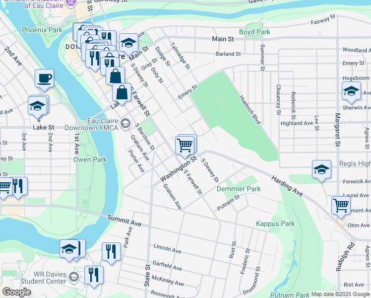 map of restaurants, bars, coffee shops, grocery stores, and more near 425 Washington Street in Eau Claire