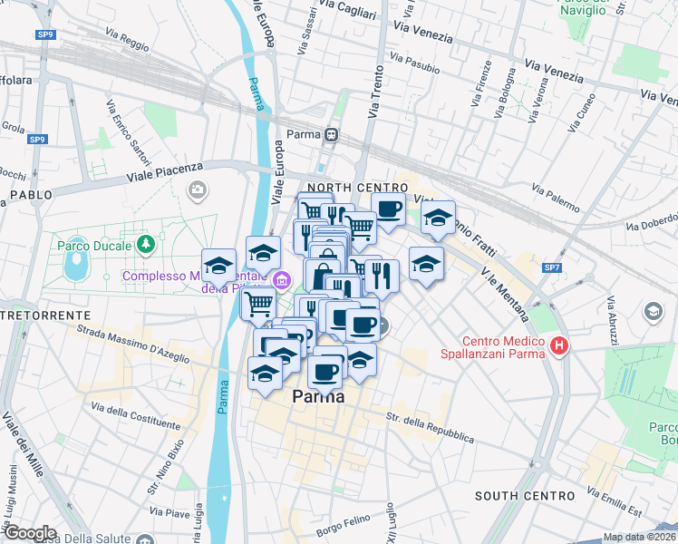 map of restaurants, bars, coffee shops, grocery stores, and more near 17-29 Strada Giuseppe Garibaldi in Parma