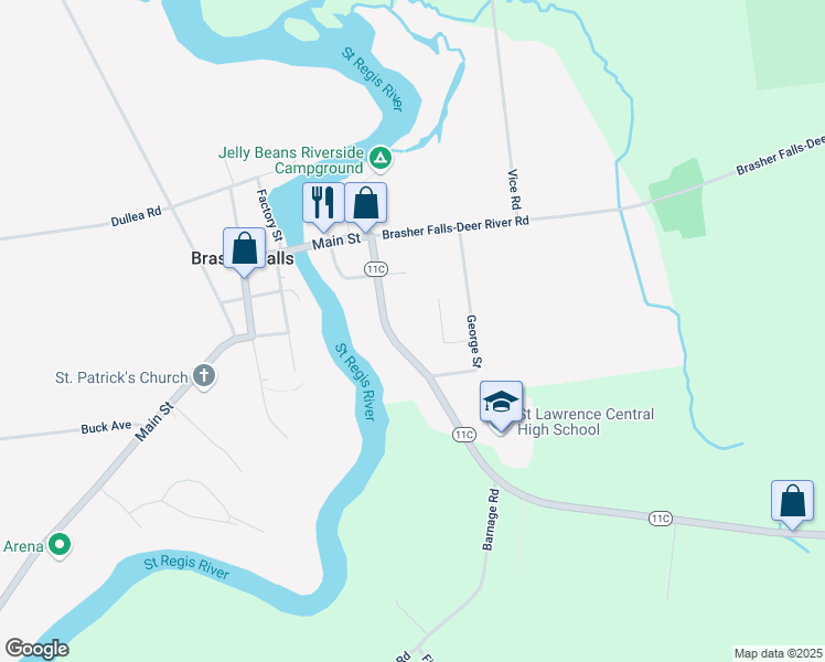 map of restaurants, bars, coffee shops, grocery stores, and more near 962-1008 Highway 11C in Brasher Falls