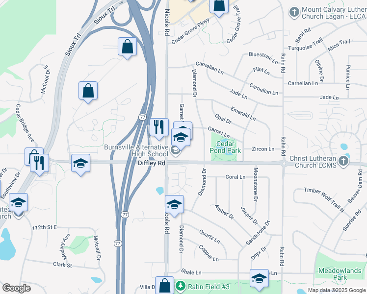 map of restaurants, bars, coffee shops, grocery stores, and more near 2140 Diffley Road in Eagan