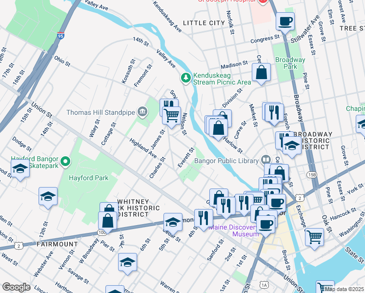 map of restaurants, bars, coffee shops, grocery stores, and more near 167 Court Street in Bangor