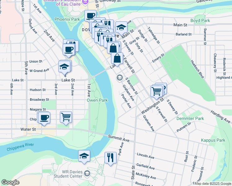 map of restaurants, bars, coffee shops, grocery stores, and more near 32 Newton Street in Eau Claire