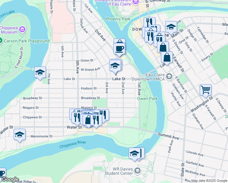 map of restaurants, bars, coffee shops, grocery stores, and more near 223 Broadway Street in Eau Claire