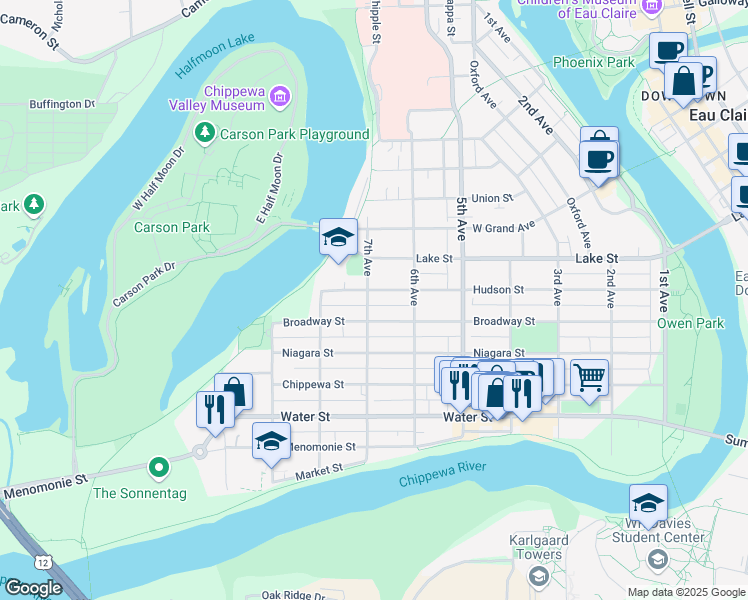 map of restaurants, bars, coffee shops, grocery stores, and more near 631 Broadway Street in Eau Claire