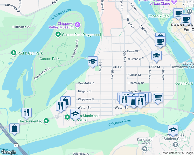 map of restaurants, bars, coffee shops, grocery stores, and more near 720 Broadway Street in Eau Claire
