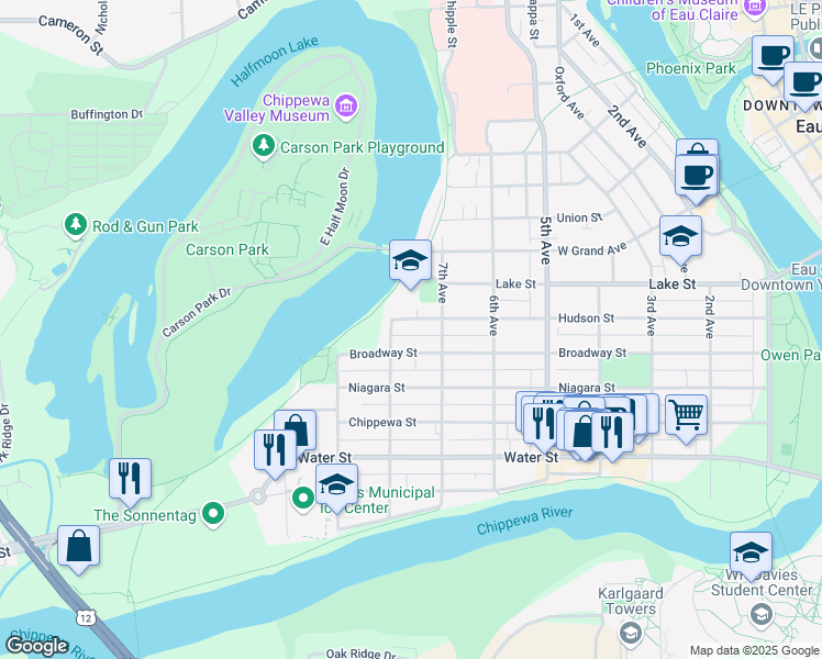 map of restaurants, bars, coffee shops, grocery stores, and more near 720 Broadway Street in Eau Claire